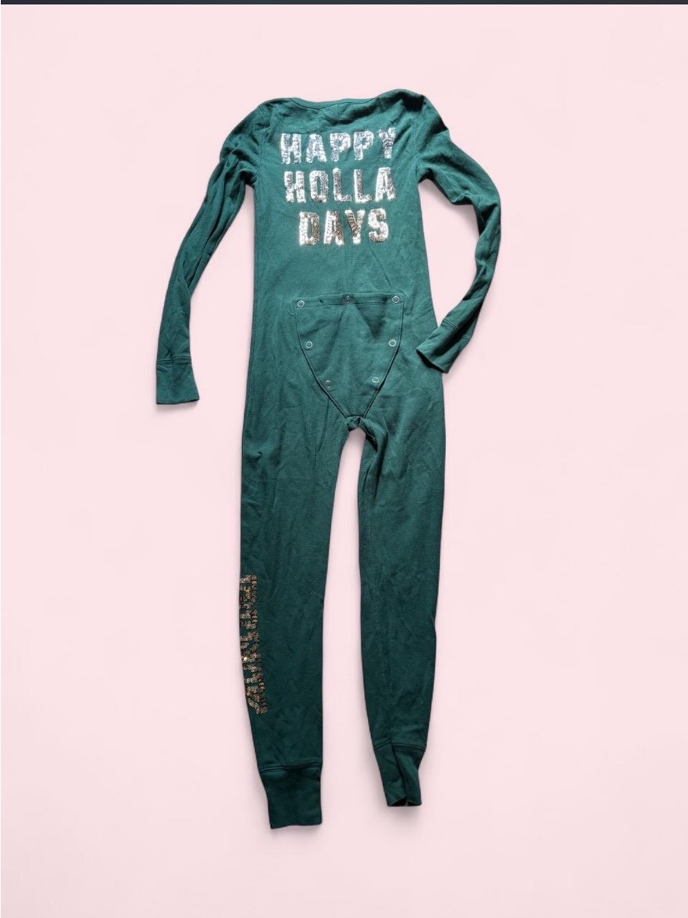 RARE VS PINK Green Sequin Thermal Waffle Knit Holiday Christmas Onesie Jumpsuit - Picture 5 of 6